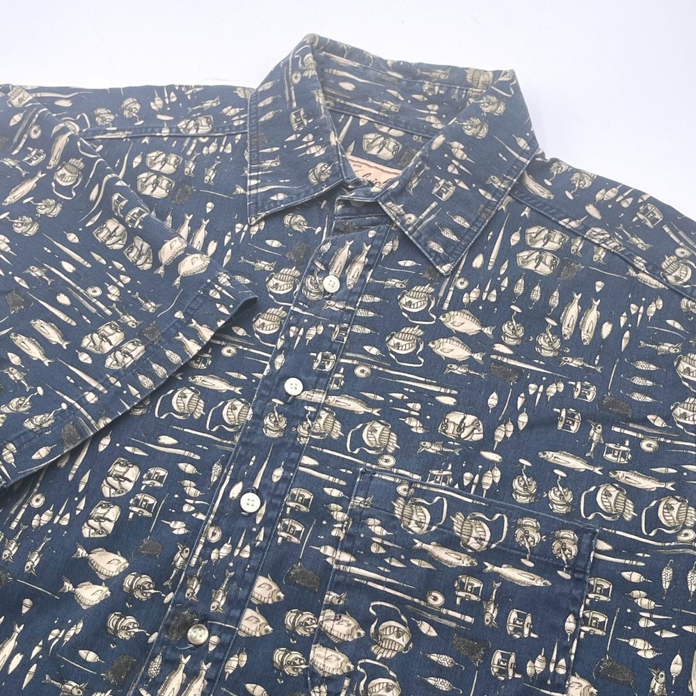 Woolrich Mens XL Fishing Tackle AOP Shirt Navy Blue Cotton Short Sleeve Button